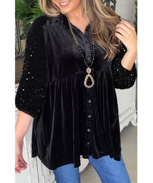 Black sequin detailing along the puff sleeves
  Soft and comfortable velvet fabric
  Flattering peplum style
  Classic buttoned closure
  Unisex design
  Perfect for formal occasions or a night out
Material: 95% Polyester 5% Elastane