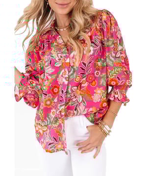 Strawberry Pink Floral Print
  Smocked Cuff Puff Sleeves
  High
  Quality Materials
  Unisex Design
