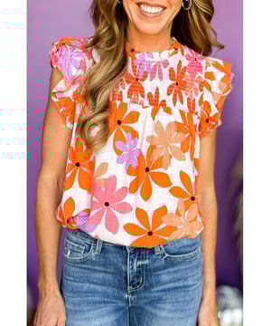 Orange Ruffled Sleeve Smocked Floral Top
  Lightweight and perfect for summer
  Frilled collar smocked chest and keyhole with button back
  Ruffled sleeves
  Available in sizes S M L and XL
Material: 100% Polyester