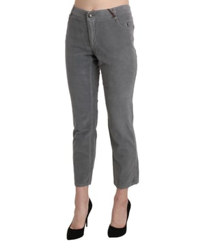 Brand: Ermanno Scervino
  Material: 97% Cotton 3% Elastane
  Color: Gray
  Style: Mid Waist Cropped Trouser
  Closure: Zipper
  Details: Logo
  Made in Italy