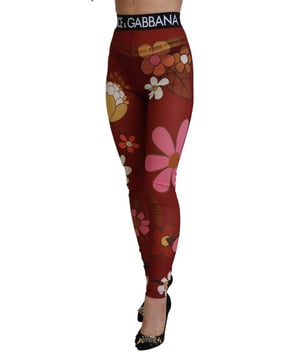 Pantalones leggings florales rojos con cintura elástica  
100% Auténtico Dolce & Gabbana  
Diseño de cintura alta  
Impresión floral multicolor  
Cintura elástica con logo en negro  
Hecho en Italia  
Material: 20% EA 80% PA