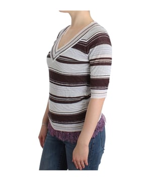 Brand: Ermanno Scervino
  Style: Striped V
  Neck Knit Top with Lace Hem
  Material: Rayon blend
  Color: Multicolor
  Neckline: V
  neck
  Details: Lace hem
  Logo details
  Gender: Women