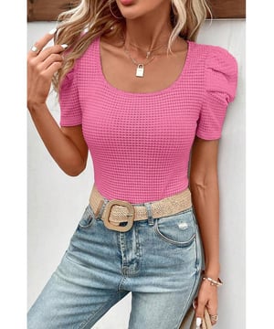 Bright pink color
  Waffle knit texture
  Stretchy and flattering fabric
  Slim fit style
  Ruched puff sleeves
  Sexy neckline
  Textured fabric is on trend
  Perfect for dressing up or down
  Check size chart for proper fit
Material: 95% Polyester 5% Elastane