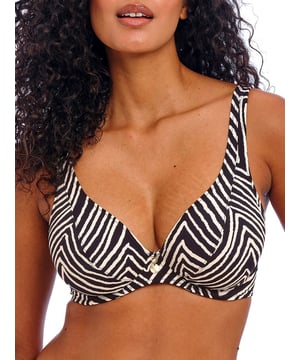 Freya Fiji Falls High Apex Bikini Top. Underwired non padded plunge swimwear top with a high apex shape and powernet lined cups for shaping and support. This product is recommended as hand wash only.