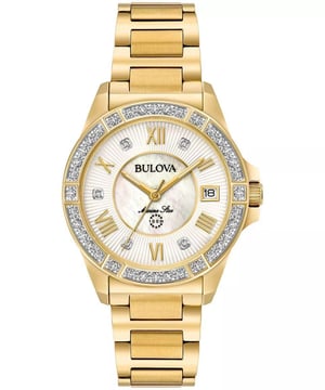 This Bulova Marine Star Analogue Watch for Women is the perfect timepiece to wear or to gift. It's Gold 32 mm Round case combined with the comfortable Gold Stainless steel watch band will ensure you enjoy this stunning timepiece without any compromise. Operated by a high quality Quartz movement and water resistant to 10 bars, your watch will keep ticking. This elegant, fashionable watch set with beautiful stones is a perfect gift for New Year, birthday,valentine's day and so on This Analogue watch has a Calendar function: Date High quality 19 cm length and 15 mm width a Gold Stainless steel strap with a Deployment clasp Case diameter: 32 mm,case thickness: 10 mm, case colour: Gold and dial colour: Mother of pearl