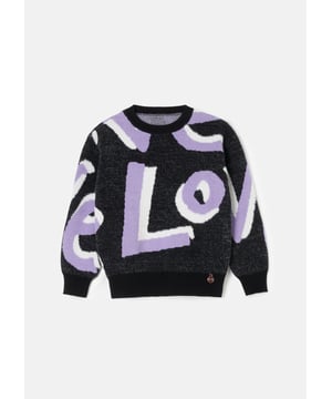 Love is our new fluffy slogan knit! Crafted from the softest monochrome yarn. highlighted with lilac and cut into a relaxed silhouette. Style with anything for wearable optimism!.