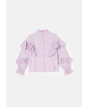 We heart our new blouse with beautiful broderie ruffles on the sleeve and scattered embroidered hearts. Button through with a frill detail collar in the colour of the season. we lilac it a lot!.