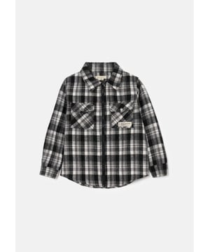 Keep your style in check with this monochrome brushed check shirt. with patch pockets. zip through fastening and a statement back print. Perfect for layering...