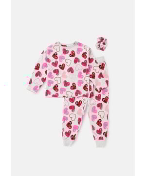 Perfect for your little dreamer. These super cute leopard heart print PJs in classic   marl are made in the softest jersey and come with a matching hair scrunchie. Ideal for gifting. We heart them!.