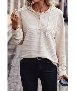 Soft and lightweight
  Trendy color with delicate textures
  Drawstring hood and buttoned split neckline
  Made of high
  quality fabric with high stretch
  Available in various sizes
Material: 95% Polyester 5% Elastane