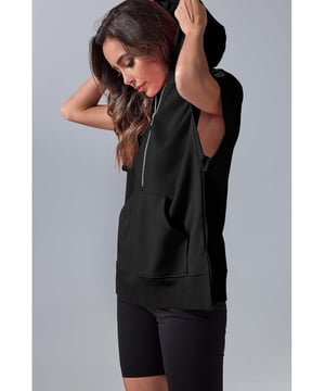 Black half zipper hoodie with kangaroo pocket
  Short sleeves for a casual and comfortable feel
  Stylish hood provides extra coverage
  Versatile and easy
  to
  match wardrobe essential
  Modern twist on classic hoodie design
  Available in various sizes
Material: 65% Polyester 35% Cotton