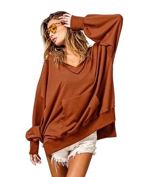 Chestnut V Neck Kangaroo Pocket Oversized Hoodie
  Perfect for lounging at home or running errands in comfort
  V
  neck design adds a modern twist to this classic hoodie
  Kangaroo pocket provides a convenient and practical touch
  Relaxed fit for a versatile and comfortable option for everyday wear
  Made with fine fabric
  Perfect for layering over your favorite tops for a relaxed and casual look
  Available in multiple sizes (check size chart for perfect fit)
Material: 65% Polyester 30% Cotton 5% Elastane