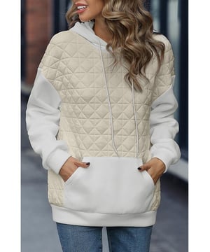 Beige hoodie
  Drop shoulder design
  Quilted patchwork adds texture
  Kangaroo pocket for added functionality
  High
  quality materials
  Comfortable and durable
  Suitable for any gender