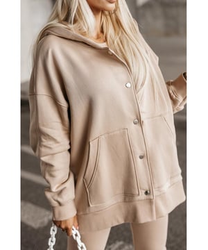 Beige solid color
  Loose fit
  Button
  up design
  Functional pockets
  Adjustable hood with drawstrings
  High
  quality soft fabric
  Versatile color
Material: 50% Polyester 50% Cotton