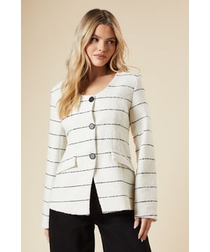 Striking scoop neckline for a feminine touch
        Elegant single-breasted design with button fastening
        Chic striped pattern adds visual interest
        Regular fit for comfortable wear
        Versatile woven fabric suitable for various occasions
    
    Embrace effortless sophistication with this Dorothy Perkins scoop neck blazer. Perfect for the fashion-forward woman in her 30s, this jacket offers a contemporary twist on classic tailoring. The striking striped pattern and scoop neckline create a unique silhouette that's both trendy and modest. Style it with wide-leg trousers and pointed flats for a chic brunch ensemble, or layer over a simple dress for a baby shower. The regular fit ensures comfort for all-day wear, making it ideal for family gatherings or casual outings. This versatile piece can easily transition from day to night - simply swap your trainers for a pair of block heels and you're ready for after-work drinks. The single-breasted design keeps the look sleek and modern, perfect for the woman who likes to stay on-trend without compromising on sophistication.