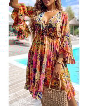Our styles are designed with a trendy fitted look in mind following an international size standard. For the best fit we suggest choosing one size up from your usual. Be sure to check our sizing chart to find your perfect match!
  V
  neckline for elegance and sexiness
  Stylish buttoned bodice for a chic detail
  Tunic high waist accentuates a curvy figure
  Flared sleeves create a bohemian vibe
  Flowy style with ruffled hemline for a feminine touch
Material: 100% Viscose
Size on Tag: S