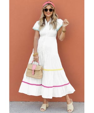 Our styles are designed with a trendy fitted look in mind following an international size standard. For the best fit we suggest choosing one size up from your usual. Be sure to check our sizing chart to find your perfect match!
  White Colorblock Rickrack Trim Short Sleeve Drawstring Waist Long Dress
  Vibrant ensemble with bold colors and cute details
  Rickrack trim for added visual appeal with vintage flair
  Short sleeves and slit neck for a stylish touch
  Drawstring waist for a customizable fit
  Perfect for those who love to stand out in style
Material: 100% Cotton
Size on Tag: S