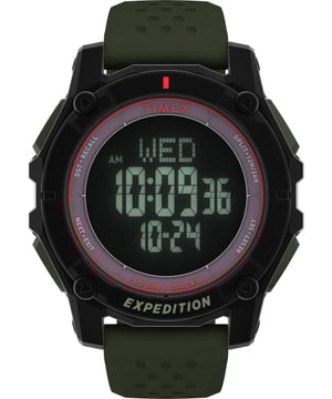 Dit Timex Expedition North Ridge Digitale Horloge voor Mannen is het perfecte tijdstuk om te dragen of cadeau te geven. De zwarte ronde kast van 49 mm in combinatie met de comfortabele groene siliconen horlogeband zorgt ervoor dat je volop van dit schitterende horloge kunt genieten zonder enige concessie. Aangedreven door een hoogwaardige kwartsbeweging en waterbestendig tot 10 bar, blijft je horloge tikken. Ervaar de ultieme functionaliteit voor buitenactiviteiten. Dit digitale horloge heeft een kalenderfunctie: dag-datum, evenals zonne-energie, stopwatch, countdown, wereldtijd en alarm. Hoogwaardige band van 21 cm lang en 21 mm breed met een gesp. Kastdiameter: 49 mm, kastdikte: 12 mm, kastkleur: zwart en wijzerplaatkleur: zwart.