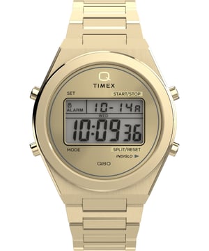 Deze Timex Q Timex Digitale Horloge voor Mannen is het perfecte tijdsdocument om te dragen of cadeau te geven. De Gouden 39 mm ronde kast in combinatie met de comfortabele gouden roestvrijstalen horlogeband zorgen ervoor dat je volop kunt genieten van dit verbluffende tijdstuk zonder enige concessies. Aangedreven door een hoogwaardig kwartsbeweging en waterdicht tot 5 bar, blijft je horloge tikken. Met de gedurfde ontwerpen en decadente glamour van West Hollywood, herinterpreteert de Timex Q80 onze Q Timex. Dit digitale horloge heeft een kalenderfunctie: Dag-Datum, evenals Stopwatch, Alarm en Indiglo Licht. Hoogwaardige band van 21 cm lengte en 21 mm breed, een gouden roestvrijstalen strap met een klapgesp met verborgen drukknop. Kastdiameter: 39 mm, kastdikte: 9,5 mm, kastkleur: Goud en wijzerplaatkleur: Goud.