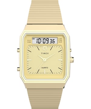 Deze Timex Q Timex Reissue Analogue-Digital Horloge voor Heren is het perfecte tijdpiece om te dragen of cadeau te geven. De gouden 33 mm rechthoekige kast, gecombineerd met de comfortabele gouden roestvrijstalen horlogeband, zorgt ervoor dat u van deze verbluffende horloge kunt genieten zonder enige concessies. Aangedreven door een hoogwaardige quartz beweging en waterbestendig tot 3 bar, blijft uw horloge tikken. Deze moderne heruitgave van een jaren '80 klassieker biedt quartz nauwkeurigheid met een dubbele analoge en digitale weergave op een champagnekleurige wijzerplaat. Dit Analogue-Digital horloge heeft een kalenderfunctie: Dag-Datum, evenals een stopwatch en alarm. Hoogwaardige 21 cm lengte en 22 mm breedte, een gouden roestvrijstalen band met een vouwsluiting. Kastafmetingen: X mm, kastdikte: 9 mm, kastkleur: goud en wijzerplatenkleur: champagne.