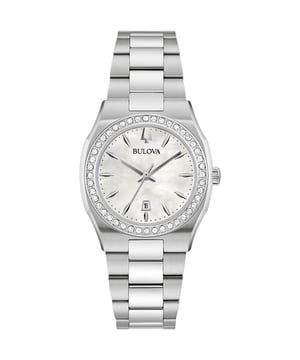 This Bulova Surveyor Analogue Watch for Women is the perfect timepiece to wear or to gift. It's Silver 31 mm Round case combined with the comfortable Silver Stainless steel watch band will ensure you enjoy this stunning timepiece without any compromise. Operated by a high quality Quartz movement and water resistant to 3 bars, your watch will keep ticking. A classic women's watch that will never go out of style from our Surveyor collection, with an added hint of sparkle. This Analogue watch has a Calendar function: Date and has a Stone settings bezel. High quality 19 cm length and 18 mm width Silver Stainless steel strap with a Deployment clasp Case diameter: 31 mm, case thickness: 8 mm, case colour: Silver and dial colour: Mother of pearl