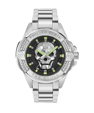 This Philipp Plein The $kull Analogue Watch for Men is the perfect timepiece to wear or to gift. It's Silver 44 mm Round case combined with the comfortable Silver Stainless steel watch band will ensure you enjoy this stunning timepiece without any compromise. Operated by a high quality Quartz movement and water resistant to 5 bars, your watch will keep ticking. The forever bestseller of the Maison, the $kull comes back onto the scene for SS25, smoking hot. High quality 21 cm length and 22 mm width Silver Stainless steel strap with a Deployment clasp Case diameter: 44 mm,case thickness: 14.4 mm, case colour: Silver and dial colour: Black