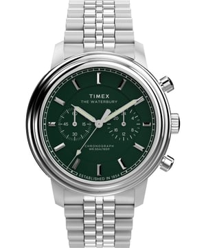 Dit Timex Waterbury Metropolitan Chronograafhorloge voor heren is het perfecte tijdsitem om te dragen of cadeau te geven. De zilveren 41 mm ronde kast in combinatie met de comfortabele zilveren roestvrijstalen horlogeband zorgt ervoor dat je van dit prachtige horloge kunt genieten zonder compromissen. Aangedreven door een hoogwaardige kwartsbeweging en waterbestendig tot 5 bar, blijft je horloge tikken. Gedefinieerd door scherpe lijnen en vloeiende rondingen, beschikt de Waterbury Metropolitan over een verbeterde 41 mm roestvrijstalen kast met een elegante tweelaagse lunette. Dit chronograafhorloge heeft functies zoals een stopwatch, een 24-uursweergave en luminescerende wijzers. Hoogwaardige roestvrijstalen band met een lengte van 21 cm en een breedte van 20 mm met een klapgesp. Kastdiameter: 41 mm, kastdikte: 11 mm, kastkleur: zilver en wijzerplaatkleur: groen.