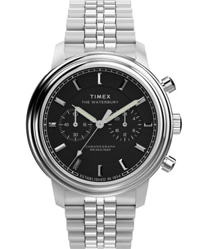 Diese Timex Waterbury Metropolitan Chronograph Uhr für Herren ist das perfekte Zeitmesser, um sie zu tragen oder zu verschenken. Das silberne 41 mm runde Gehäuse in Kombination mit dem bequemen silbernen Edelstahlarmband sorgt dafür, dass Sie dieses atemberaubende Zeitmesser ohne Kompromisse genießen können. Angetrieben von einem hochwertigen Quarzwerk und bis zu 5 Bar wasserdicht, wird Ihre Uhr kontinuierlich ticken. Geprägt von scharfen Linien und geschwungenen Kurven, verfügt die Waterbury Metropolitan über ein verbessertes 41 mm Edelstahlgehäuse mit einer eleganten zweistufigen Lünette. Diese Chronograph-Uhr hat folgende Funktionen: Stoppuhr, 24-Stunden-Anzeige und leuchtende Zeiger. Hochwertiges Armband mit einer Länge von 21 cm und einer Breite von 20 mm, aus silbernem Edelstahl mit einem Klappverschluss. Gehäusedurchmesser: 41 mm, Gehäusehöhe: 11 mm, Gehäusefarbe: Silber und Ziffernblattfarbe: Schwarz.