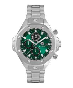 Deze Philipp Plein Plein Chrono Royal Chronograaf Horloge voor heren is het perfecte tijdstuk om te dragen of als cadeau te geven. De zilveren 46 mm ronde kast in combinatie met de comfortabele zilveren roestvrijstalen horlogeband zorgt ervoor dat je van dit verbluffende horloge kunt genieten zonder compromissen. Aangedreven door een hoogwaardige quartz movement en waterbestendig tot 5 bar, blijft je horloge tikken. De Plein Chrono Royal 46 mm toont deze winter zijn dominantie. Dit chronograaf horloge heeft een kalenderfunctie: datum en stopwatch, lichtgevende wijzers en lichtgevende cijfers. Hoogwaardige zilveren roestvrijstalen band van 21 cm lengte en 17 mm breed met een vouwsluiting. Kastdiameter: 46 mm, kastdikte: 13 mm, kastkleur: zilver en wijzerplaatkleur: groen.