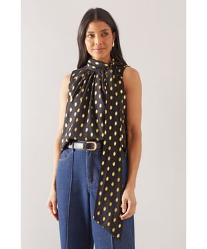 Sleeveless design for effortless warm-weather style
        High neck with elegant gathered detail
        Striking polka dot pattern throughout
        Flowing fabric for a graceful silhouette
        Versatile length suitable for various styling options
    
    This Wallis broderie collarless shirt radiates sophistication with its eye-catching polka dot pattern and refined high neck design. The gathered detail at the neckline adds a touch of elegance, while the sleeveless cut ensures comfort during warmer days. Perfect for daytime events, this versatile piece can be styled effortlessly for various casual occasions. Pair it with wide-leg trousers and a statement belt for a chic family gathering look, or team it with your favourite denim for a stylish brunch ensemble. The flowing fabric drapes beautifully, creating a flattering silhouette that's both comfortable and fashionable. Whether you're heading to a casual meetup with friends or a relaxed day out shopping, this shirt offers the perfect blend of comfort and style. Accessorise with delicate earrings and comfortable flats to complete your polished yet laid-back look.