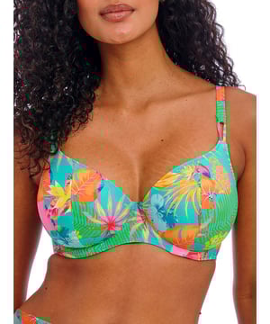 Freya Isla Margarita Plunge Bikini Top. Printed swimwear top with underwired lined cups for shape and support, adjustable shoulder straps and a plunge neckline. This product is recommended as hand wash only.