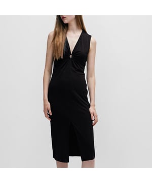 sleeveless cutout dress with drape detail in front - jewellery detail - slit in center front - midi length