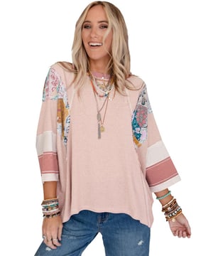Unisex oversized top
  Pink printed pinstriped fabric
  Color block patchwork design
  Unique and trendy
Material: 95% Polyester 5% Elastane