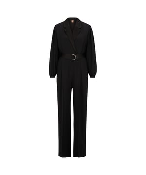 Womens BOSS Duxea Jumpsuit in black.- Notch lapel collar.- Long sleeves.- Belt included.- French pockets.- Wide leg.- Tailored cut.- 72% Acetate  28% Viscose.  Pocket lining: 100% Cotton.  Dry clean.- Ref: 50482873001