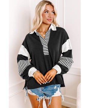 Trendy schwarzer gestreifter Colorblock-Patchwork-Kragenpullover  
Ein einzigartiges Colorblock-Design sorgt für einen Hauch von Spaß  
Der Kontrastkragen macht diesen Pullover lebhafter  
Perfekt für lässige Ausflüge oder zum Entspannen zu Hause  
In verschiedenen Größen erhältlich  
Hohe Elastizität  
Material: 50% Polyester, 50% Baumwolle