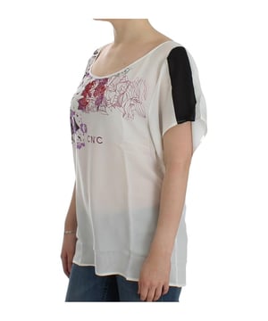 Brand new with tags
  V
  neck t
  shirt blouse
  White color with multicolor motive print
  Logo details
  Made in Italy
  Material: 100% Polyester
  Original tags and store bag included