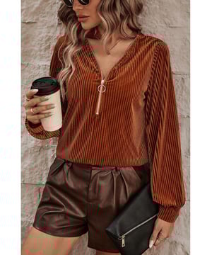Chestnut color
  Half Zip
  V Neck
  Ribbed velvet material
  Unisex design
