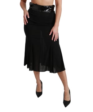 Marca: Dolce & Gabbana.
  Condicion: Nuevo con etiquetas.
  Estilo: Por debajo de la rodilla cintura alta.
  Color: Negro.
  Cierre: Cremallera.
  Detalles: Detalles del logotipo.
  Origen: Hecho en Italia.
  Material: 84% seda 10% poliester 6% elastano.