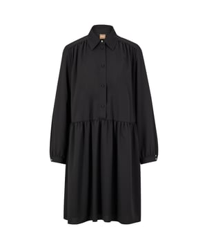 Women's Boss Dabesa Dress. An easy-to-wear shift dress by BOSS Womenswear, finished with a gunmetal logo at the back of the neck. This long-sleeved dress is crafted from lightweight crinkled crepe blended with a touch of stretch. Gathered details add a feminine touch. For our ECO-FRIENDLY products, we always use at least 60% more sustainable raw materials.- Flared cut.- Model with collar.- Sleeves with buttoned cuffs.- Button fastening.- Model lined.- Slightly elastic fabric.- Decorative gathers. Ref: 50476956001.