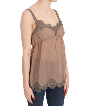 Brand: PINK MEMORIES
  Color: Brown Lace
  Model: Spaghetti Strap Plunging Top Blouse
  Material: 100% Linen
  Logo details
  Gender: Women