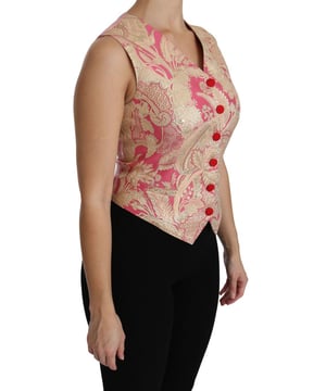 Brandneu mit Etikett  
V-Ausschnitt ärmelloses Top  
Hergestellt in Italien  
Material: 45% Seide, 23% Nylon, 20% Acetat, 9% metallische Fasern, 3% Elasthan  
Farbe: Pink und goldener Brokat  
Logodetails  
Perfekt für besondere Anlässe oder zum Aufpeppen eines lässigen Outfits
