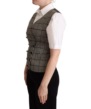 Marke: Dolce & Gabbana  
Material: 37% Seide, 21% Wolle, 20% Polyester, 17% PC, 3% Elasthan, 2% AF  
Farbe: Graues Karomuster  
Ärmellose Weste mit vorderer Knopfschließe  
Logodetails  
Hergestellt in Italien