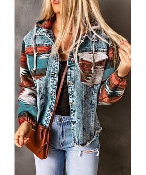 Womens multicolor Aztec print denim jacket
  Frayed hem adds a trendy touch
  Versatile and stylish addition to any wardrobe
  Unique Aztec print design in multiple colors
  High
  quality craftsmanship and attention to detail
Material: 75% Cotton 25% Polyester