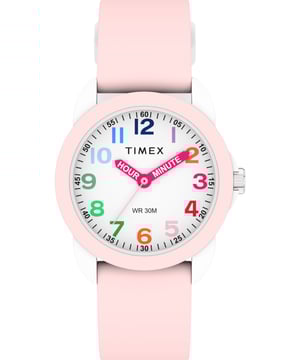 Dit Timex Time Teacher analoge horloge voor kinderen is het perfecte uurwerk om te dragen of als cadeau te geven. De witte 30 mm ronde kast in combinatie met de comfortabele roze siliconen horlogeband zorgt ervoor dat je van dit prachtige uurwerk kunt genieten zonder enige compromissen. Aangedreven door een hoogwaardige kwartsbeweging en waterbestendig tot 3 bar, blijft je horloge tikken. Doordacht ontworpen en duurzaam genoeg voor kinderen in beweging, maakt ons Timex Kids analoge horloge het bijhouden van de tijd leuk. Hoogwaardige 17 cm lengte en 16 mm breedte van de roze siliconen band met een gesp. Kastdiameter: 30 mm, kastdikte: 10 mm, kastkleur: wit en wijzerplaatkleur: wit.