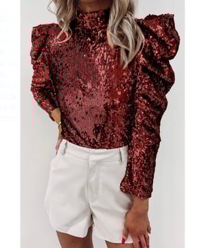 Top de manga abullonada con cuello alto de lentejuelas burdeos  
  Presenta detalles de lentejuelas  
  Diseño de cuello alto  
  Mangas abullonadas  
  Unisex  
Material: 100% Poliéster
