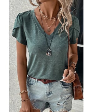 Mist Green Fashion Petal Sleeve V Neck T
  Shirt
  Comfortable and fashionable casual wear
  V
  neck design for a slimming effect
  Graceful and unique petal sleeve design
  Solid color for easy styling
  Perfect for summer days
  Available in sizes S M L and XL
  High elasticity for a comfortable fit
  Refer to the size chart for the perfect fit
Material: 65% Polyester 30% Viscose 5% Elastane