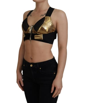 Prachtig gloednieuw met etiketten  
Dames cropped top  
Voorkant met ritsluiting  
Logo details  
Gemaakt in Italië  
Materiaal: 90% Polyester 10% Polyurethaan  
Kleur: Zwart Goud