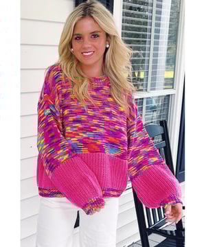 Bright Pink Rainbow Confetti Drop Shoulder Sweater
  Rainbow confetti pattern
  Loose fit with drop shoulder
  Perfect to match with both jeans and skirts
  Available in different sizes as per the size chart
  High elasticity makes it comfortable for all body types
Material: 100% Acrylic