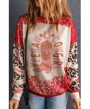 Sudadera con gráficos de vaquera YEEHAW en rojo, con mangas de leopardo disperso blanqueadas  
  Gráfico audaz de YEEHAW COWGIRL  
  Estampado de leopardo disperso en las mangas  
  Perfecta para combinar con denim o ropa casual  
  Ideal para relajarse o actividades al aire libre  
Material: 95% poliéster, 5% elastano