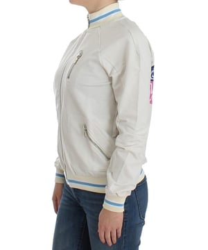 Brand: John Galliano
  Type: Zip Cardigan
  Material: 95% cotton 5% elastane
  Color: White
  Closure: Zipper
  Design: Galliano Motel text on the backside
  Gender: Women